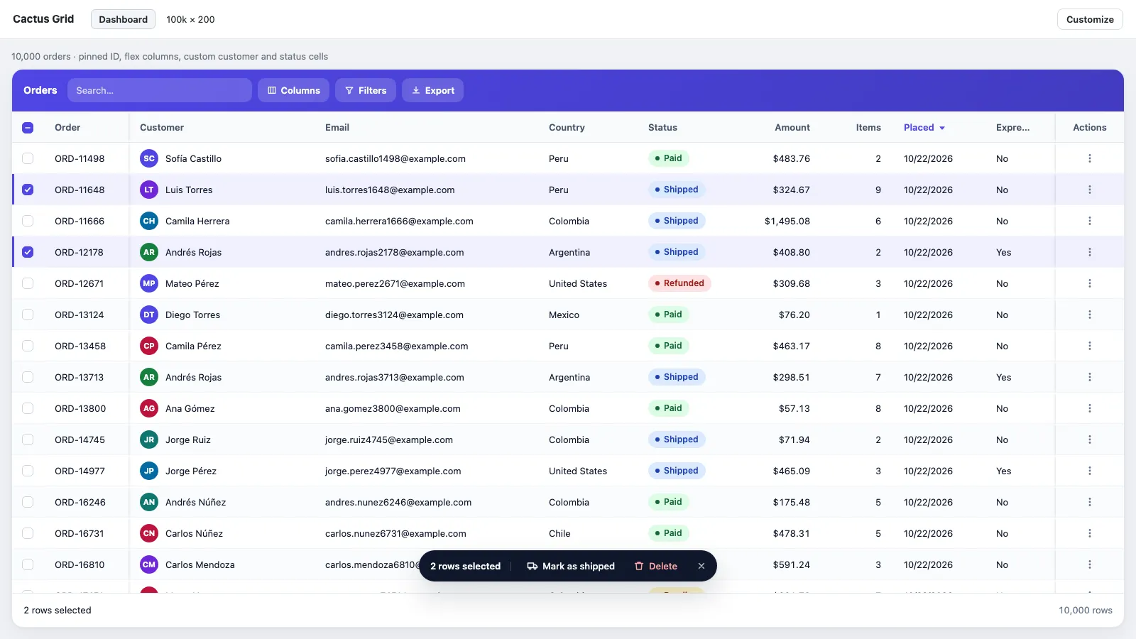 Dashboard de pedidos con dos filas seleccionadas y la barra de selección